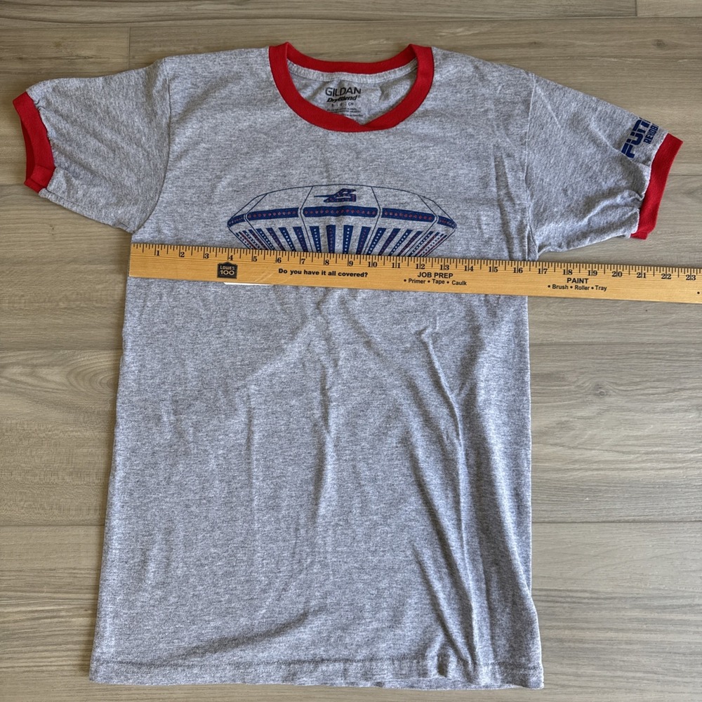 Gildan DryBlend Gravitron UFO ride Funland Ringer Shirt Gray And Red Small - Picture 5 of 7